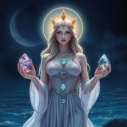 A mystical Pisces Goddess holding Amethyst, Moonstone, Aquamarine, and Fluorite, each gemstone gleaming with ethereal energy