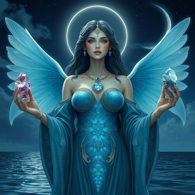 A mystical Pisces Goddess holding Amethyst, Moonstone, Aquamarine, and Fluorite, each gemstone gleaming with ethereal energy