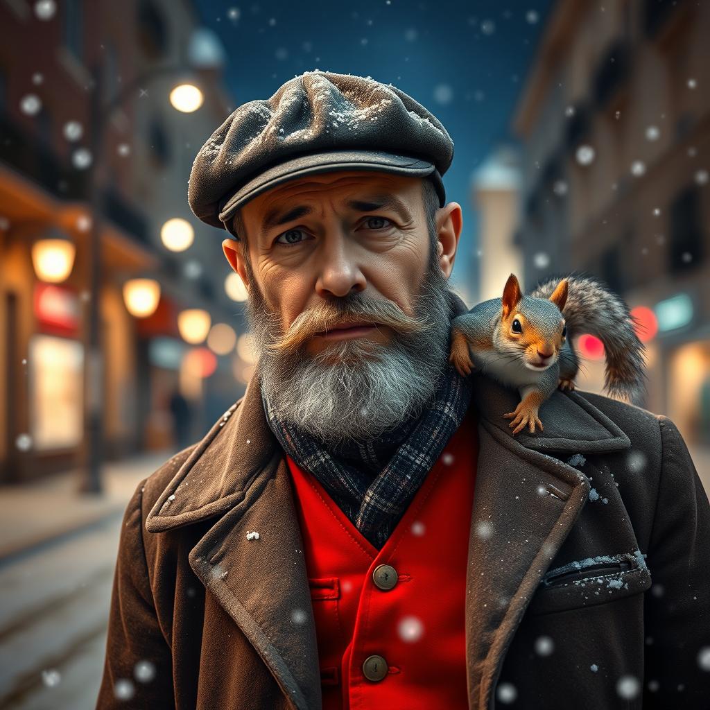 Photorealistic image of a gorgeous bearded older Italian male model on a snowy night street