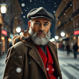 Photorealistic image of a gorgeous bearded older Italian male model on a snowy night street