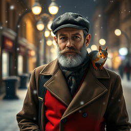 Photorealistic image of a gorgeous bearded older Italian male model on a snowy night street