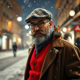 Photorealistic image of a gorgeous bearded older Italian male model on a snowy night street