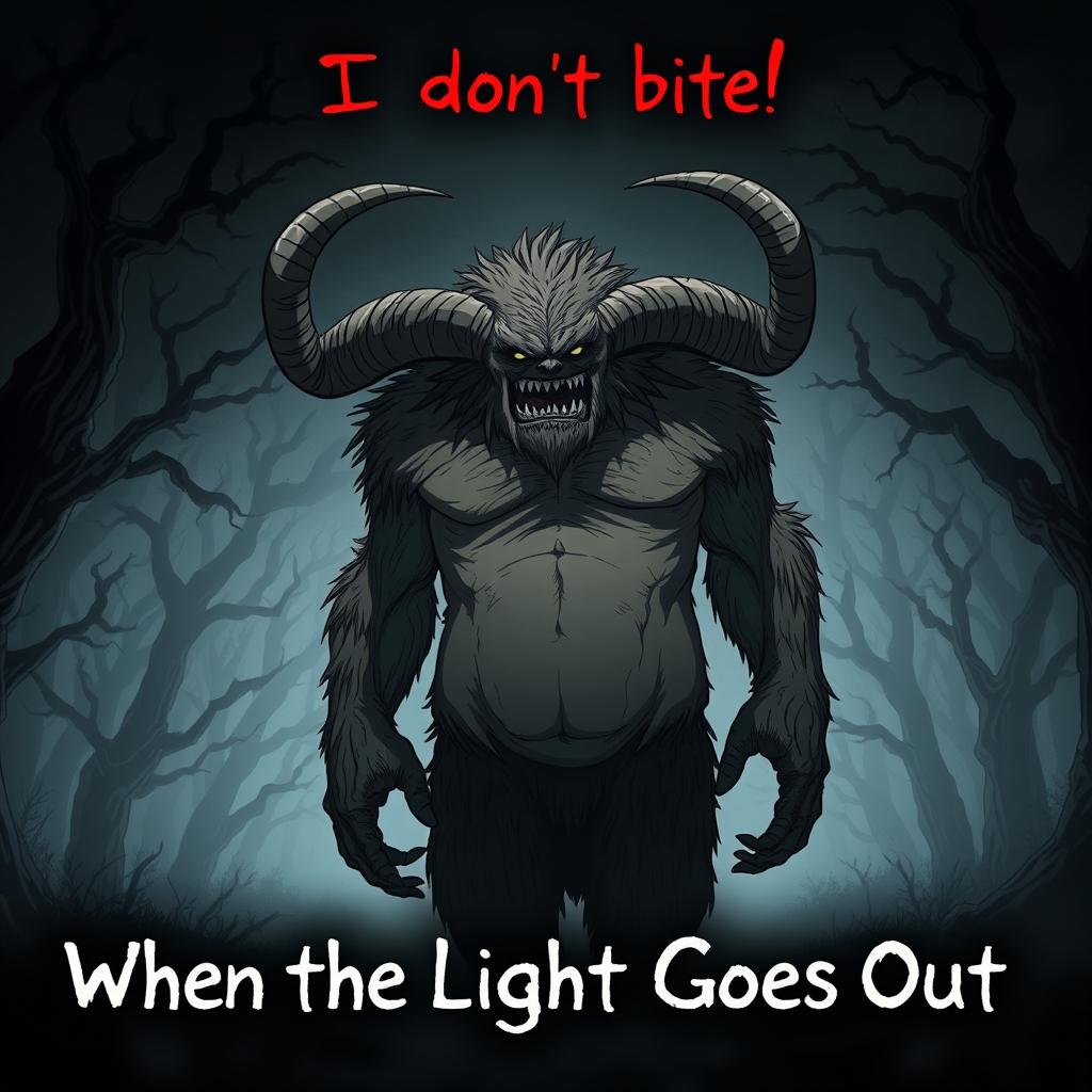 An anime horror poster featuring a huge creature with hideous, twisted horns, matted fur, and a malnourished figure