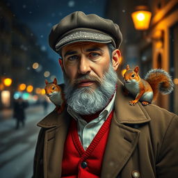 Photorealistic image of a gorgeous bearded older Spanish male model on a snowy night street