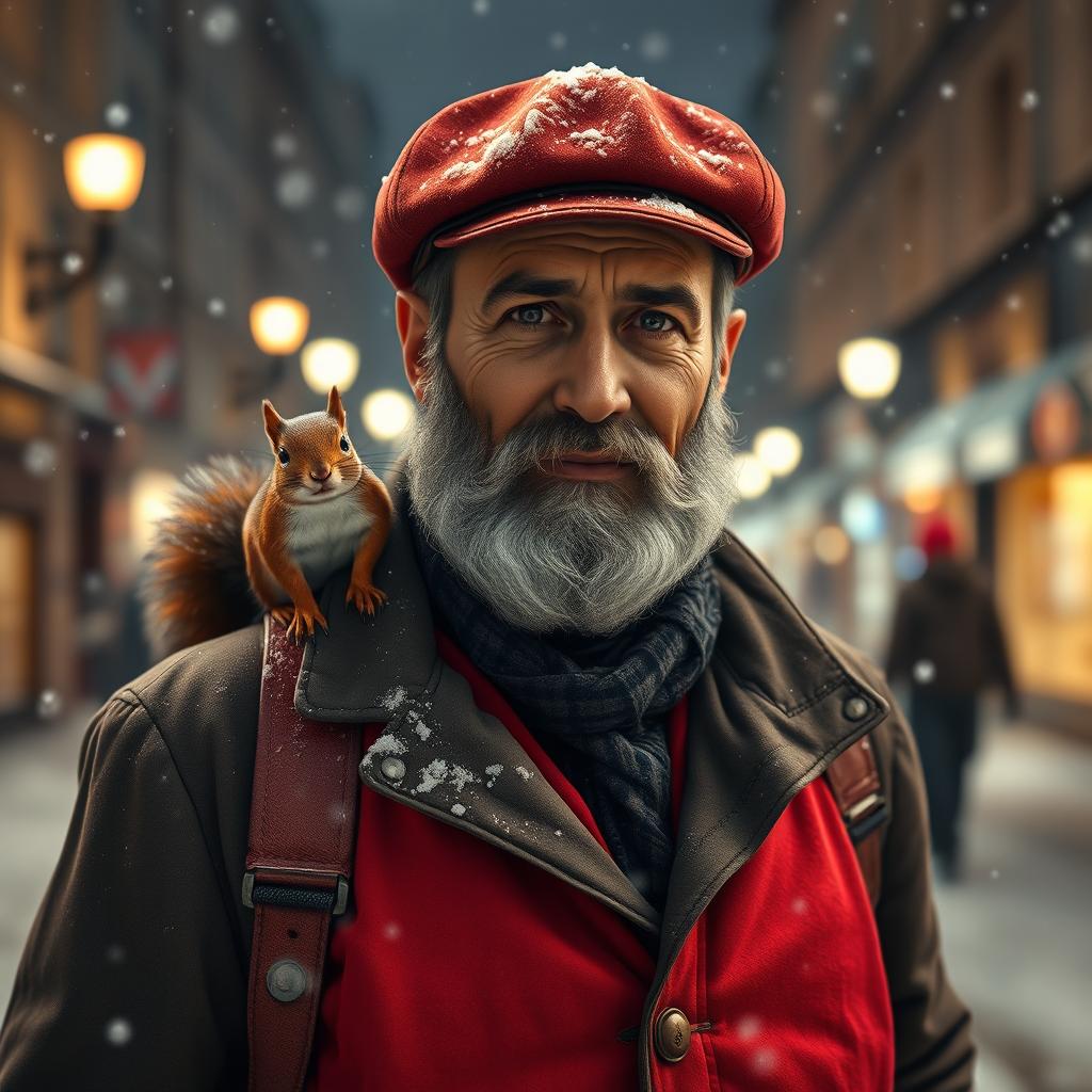 Photorealistic image of a gorgeous bearded older Spanish male model on a snowy night street