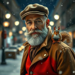 Photorealistic image of a gorgeous bearded older Spanish male model on a snowy night street