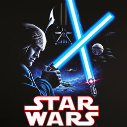 A Star Wars film poster featuring iconic elements such as a Jedi with a glowing blue lightsaber in the foreground, a looming silhouette of Darth Vader in the background, and a distant galaxy with starships engaged in battle