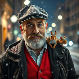 Photorealistic image of a gorgeous bearded older Spanish male model on a snowy night street