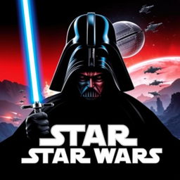 A Star Wars film poster featuring iconic elements such as a Jedi with a glowing blue lightsaber in the foreground, a looming silhouette of Darth Vader in the background, and a distant galaxy with starships engaged in battle