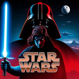 A Star Wars film poster featuring iconic elements such as a Jedi with a glowing blue lightsaber in the foreground, a looming silhouette of Darth Vader in the background, and a distant galaxy with starships engaged in battle