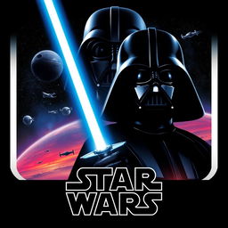 A Star Wars film poster featuring iconic elements such as a Jedi with a glowing blue lightsaber in the foreground, a looming silhouette of Darth Vader in the background, and a distant galaxy with starships engaged in battle