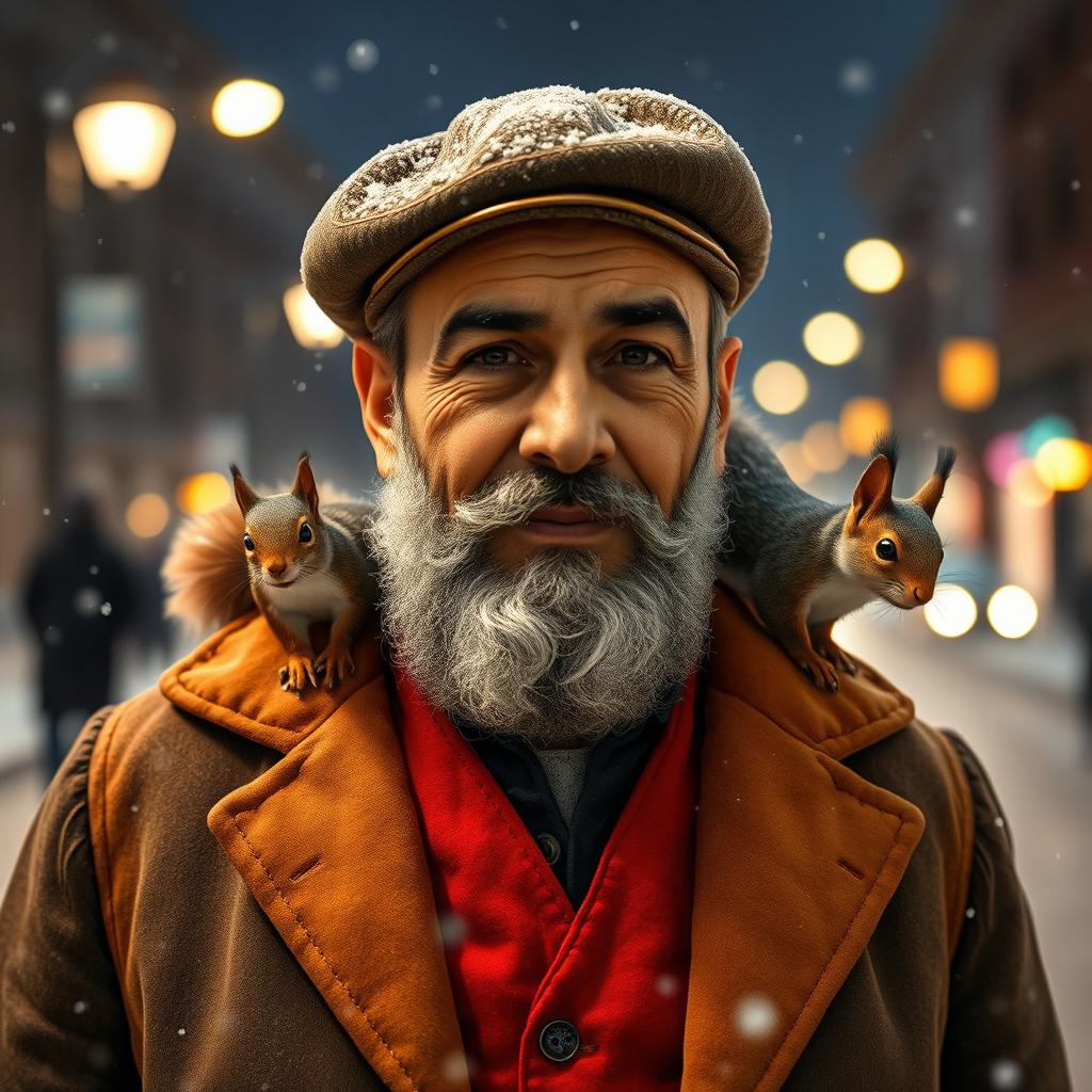 Photorealistic image of a gorgeous bearded older Iranian male model on a snowy night street