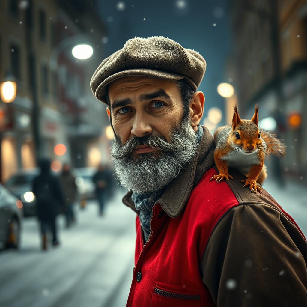 Photorealistic image of a gorgeous bearded older Iranian male model on a snowy night street