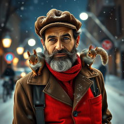 Photorealistic image of a gorgeous bearded older Iranian male model on a snowy night street