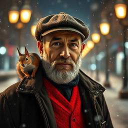 Photorealistic image of a gorgeous bearded older Iranian male model on a snowy night street