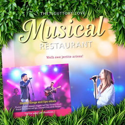 A vibrant and captivating poster for musical performances at a restaurant, featuring talented artists and singers