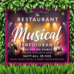 A vibrant and captivating poster for musical performances at a restaurant, featuring talented artists and singers