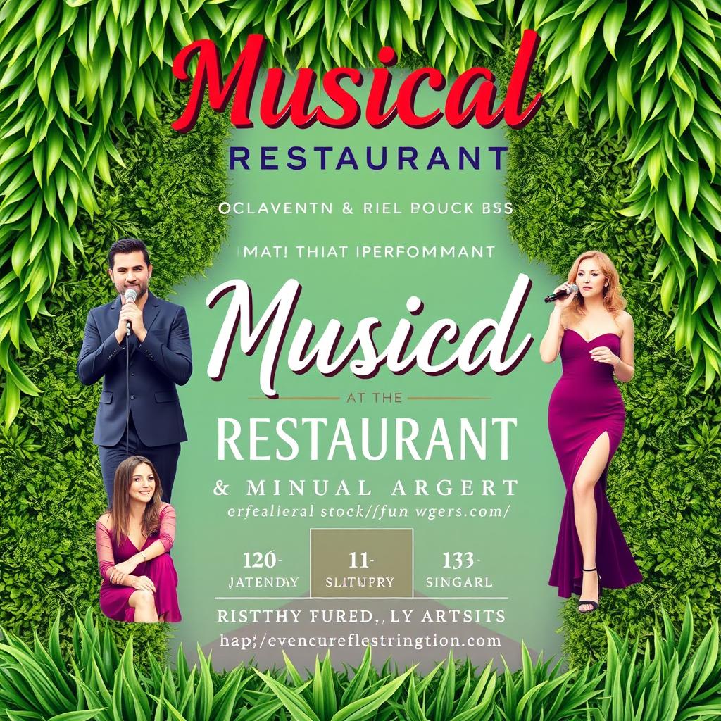 A vibrant and captivating poster for musical performances at a restaurant, featuring talented artists and singers