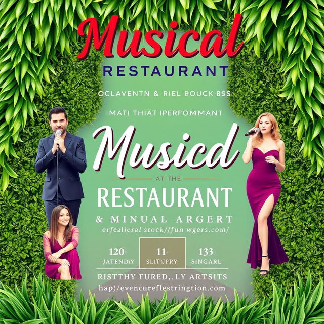 A vibrant and captivating poster for musical performances at a restaurant, featuring talented artists and singers