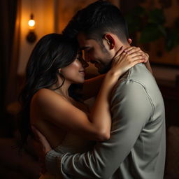 Sensual and romantic atmosphere, featuring a couple in an intimate embrace, with soft lighting and a cozy setting