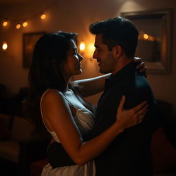 Sensual and romantic atmosphere, featuring a couple in an intimate embrace, with soft lighting and a cozy setting