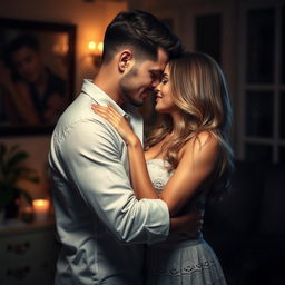 Sensual and romantic atmosphere, featuring a couple in an intimate embrace, with soft lighting and a cozy setting