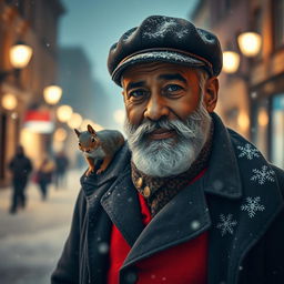 Photorealistic image of a gorgeous bearded older POC male model on a snowy night street