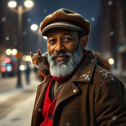 Photorealistic image of a gorgeous bearded older POC male model on a snowy night street