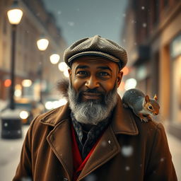 Photorealistic image of a gorgeous bearded older POC male model on a snowy night street