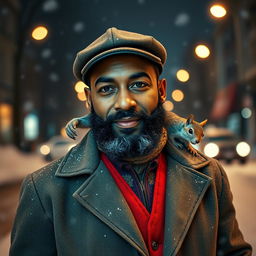 Photorealistic image of a gorgeous bearded older POC male model on a snowy night street