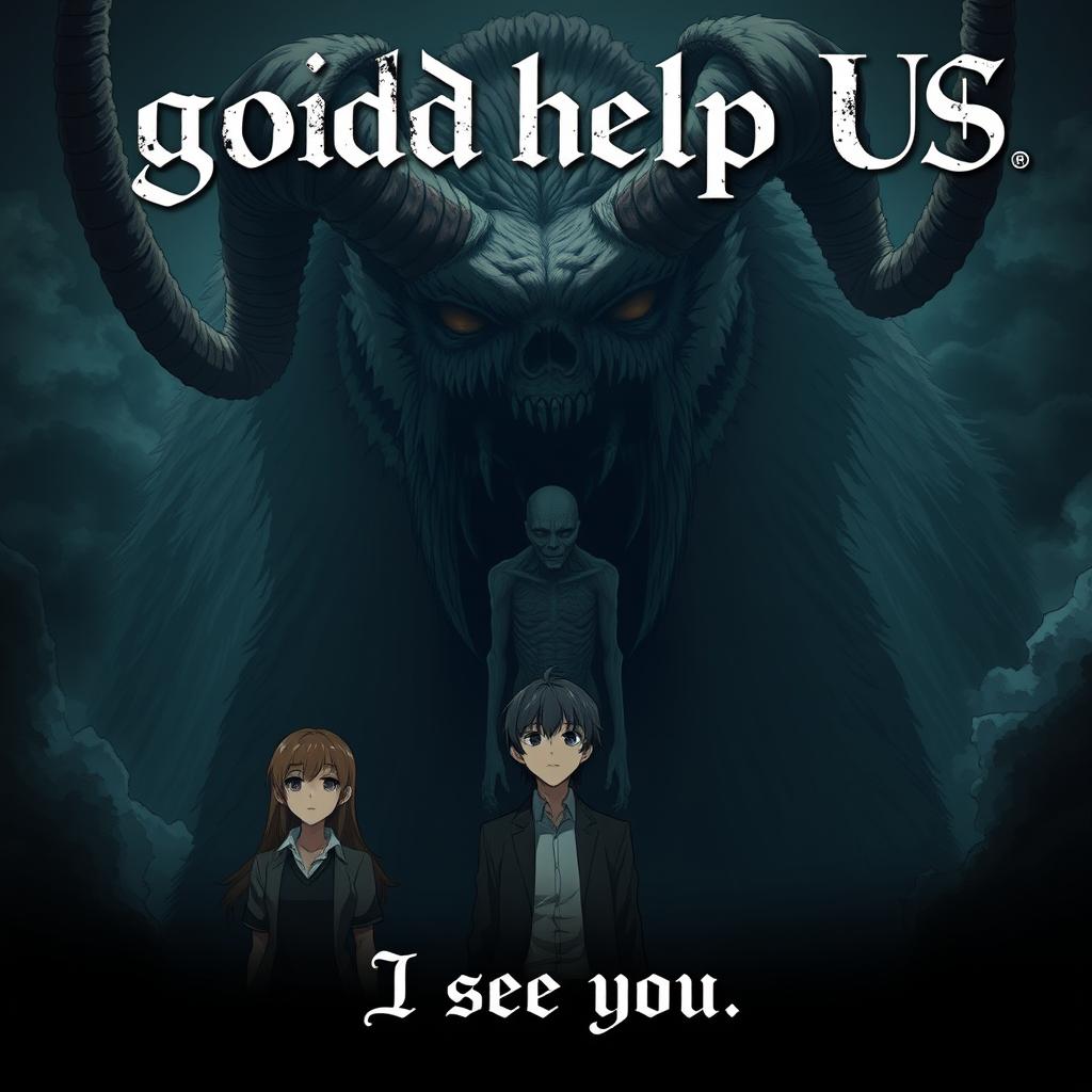 A chilling anime poster titled "god help US", showcasing a massive creature with hideous, twisted horns, matted fur, and an emaciated, malnourished figure hidden ominously in the shadows