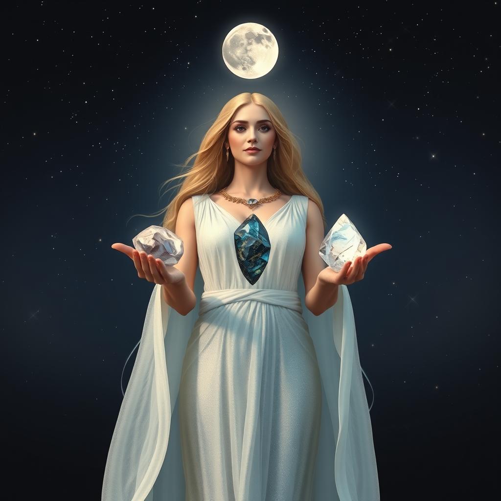 The Goddess of New Beginnings stands gracefully under a starlit night, cradling Moonstone, Labradorite, Clear Quartz, and Black Obsidian in her hands, each gem twinkling with potential and mystery