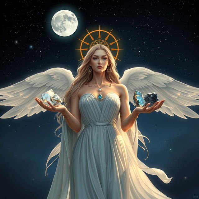 The Goddess of New Beginnings stands gracefully under a starlit night, cradling Moonstone, Labradorite, Clear Quartz, and Black Obsidian in her hands, each gem twinkling with potential and mystery