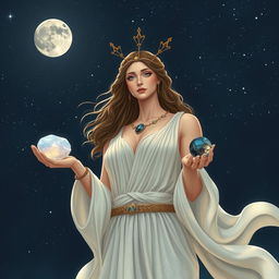 The Goddess of New Beginnings stands gracefully under a starlit night, cradling Moonstone, Labradorite, Clear Quartz, and Black Obsidian in her hands, each gem twinkling with potential and mystery