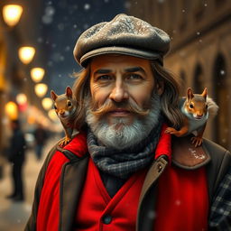 Photorealistic image of a gorgeous bearded and long-haired older French male model on a snowy night street