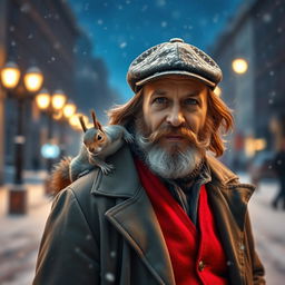 Photorealistic image of a gorgeous bearded and long-haired older French male model on a snowy night street