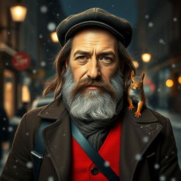 Photorealistic image of a gorgeous bearded and long-haired older French male model on a snowy night street