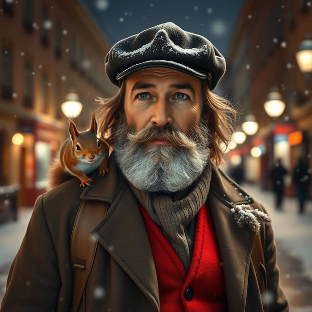 Photorealistic image of a gorgeous bearded and long-haired older French male model on a snowy night street