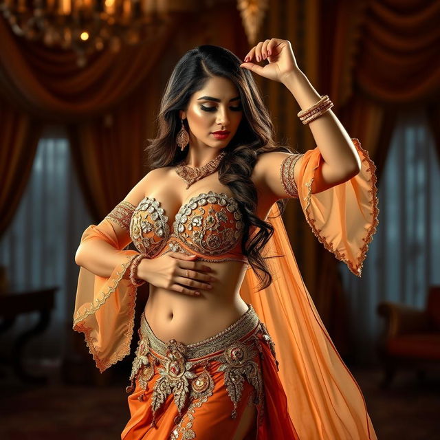 A glamorous and alluring Arab woman showcasing her graceful dance moves, adorned in a stunning traditional belly dance costume with intricate gold embroidery and shimmering accents