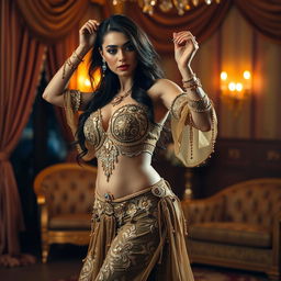 A glamorous and alluring Arab woman showcasing her graceful dance moves, adorned in a stunning traditional belly dance costume with intricate gold embroidery and shimmering accents