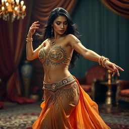 A glamorous and alluring Arab woman showcasing her graceful dance moves, adorned in a stunning traditional belly dance costume with intricate gold embroidery and shimmering accents