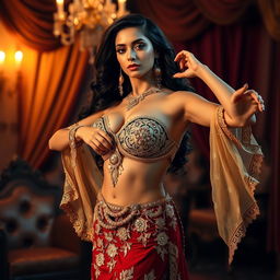 A glamorous and alluring Arab woman showcasing her graceful dance moves, adorned in a stunning traditional belly dance costume with intricate gold embroidery and shimmering accents