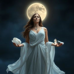 A serene Goddess stands under a mystical night sky, holding Moonstone, Labradorite, Clear Quartz, and Black Obsidian, their otherworldly energies shimmering in the darkness