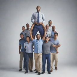 Generate an image of a robust and determined individual carrying a group of people on their shoulders, symbolizing leadership and collective responsibility. The individual stands strong, emphasizing unity and teamwork.