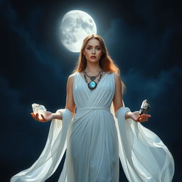 A serene Goddess stands under a mystical night sky, holding Moonstone, Labradorite, Clear Quartz, and Black Obsidian, their otherworldly energies shimmering in the darkness