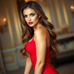 A stunning woman with captivating features, wearing a form-fitting red dress that accentuates her curves, and red lipstick