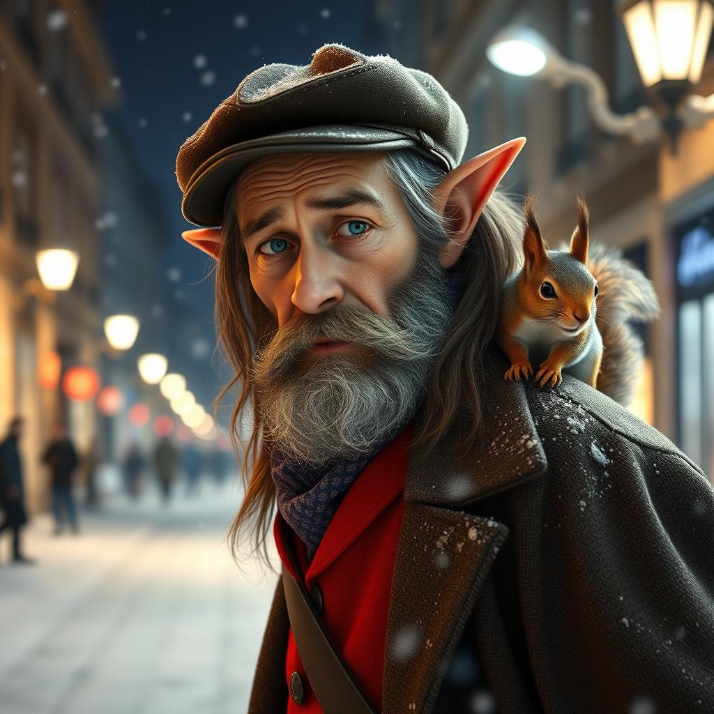 Photorealistic image of a gorgeous bearded and long-haired older French male model with pointy ears, on a snowy night street