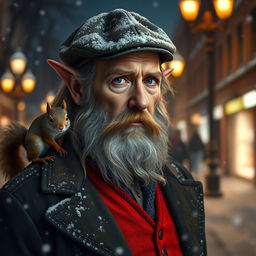 Photorealistic image of a gorgeous bearded and long-haired older French male model with pointy ears, on a snowy night street