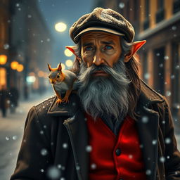 Photorealistic image of a gorgeous bearded and long-haired older French male model with pointy ears, on a snowy night street