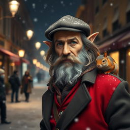 Photorealistic image of a gorgeous bearded and long-haired older French male model with pointy ears, on a snowy night street